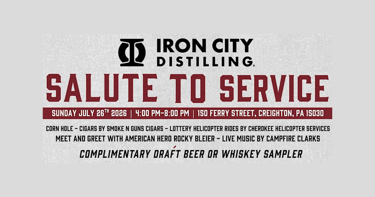 Salute to Service at Iron City Distilling. Sunday, July 26, 2026. Meet American Hero Rocky Bleier. Free Complimentary Beer or Whiskey Sampler.